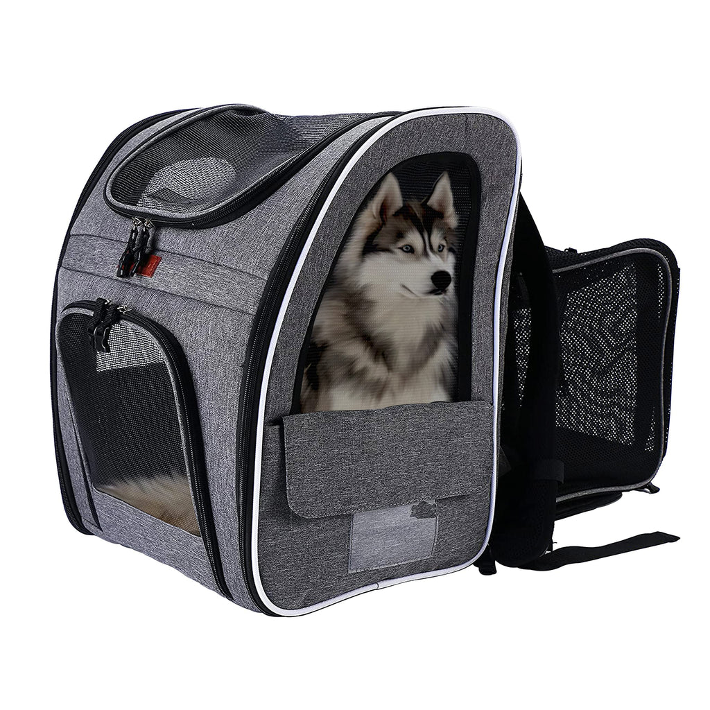 Pet Carrier Backpack Bag for Cats, Small & Medium Sized Dogs & other Pets- ENCHANT Pet Carrier Rucksack is Expandable with Extendable Back, Breathable Opening Mesh & Window Pockets. GREY - PawsPlanet Australia