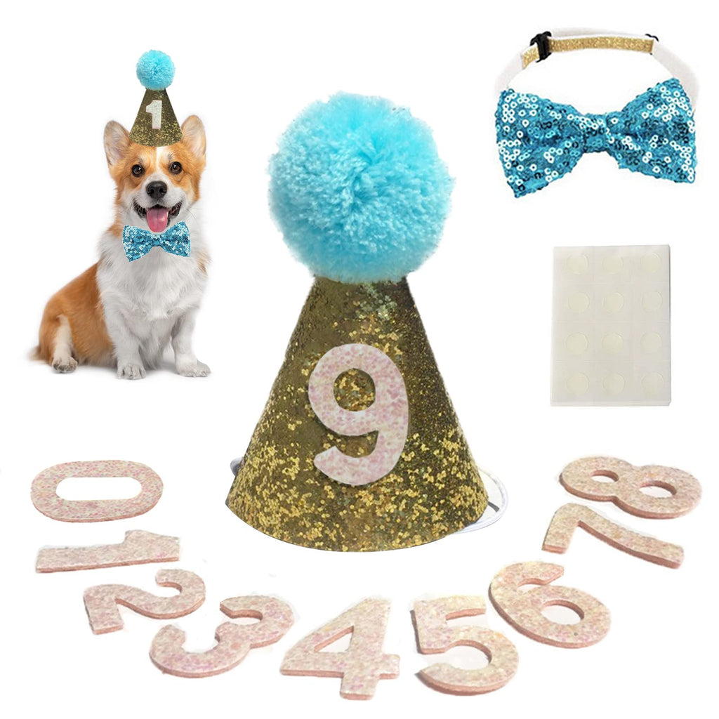 Dog Birthday Hat, Dog Birthday Bandana Boy Hat Kit, Bow Tie Collar With White Number for Pet Birthday Decorations, Pet Puppy Cat Costumes Headwear Accessories Blue - PawsPlanet Australia