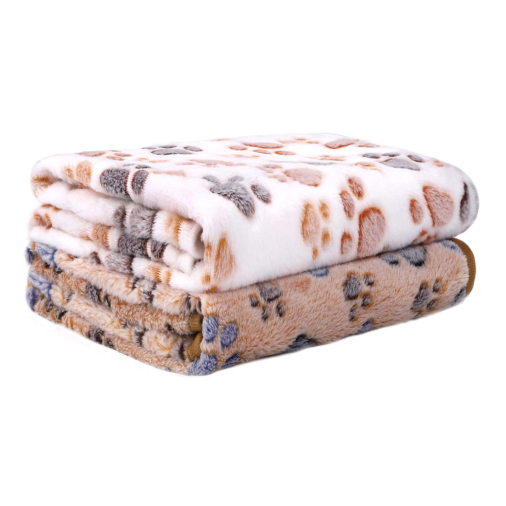 Pedgot 2 Pieces 30 x 20 Inches Soft Pet Blanket with Paw Print Fluffy Dog Cat Blanket Puppy Kitten Sleep Mat Pad for Dogs and Cats, Brown, White - PawsPlanet Australia