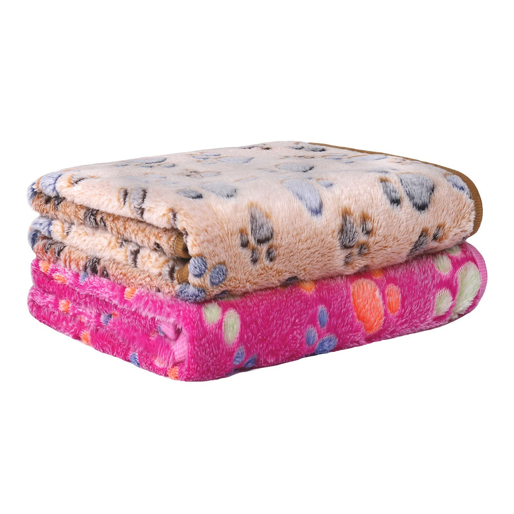 Pedgot 2 Pieces 30 x 20 Inches Soft Pet Blanket with Paw Print Fluffy Dog Cat Blanket Puppy Kitten Sleep Mat Pad for Dogs and Cats, Brown, Pink - PawsPlanet Australia