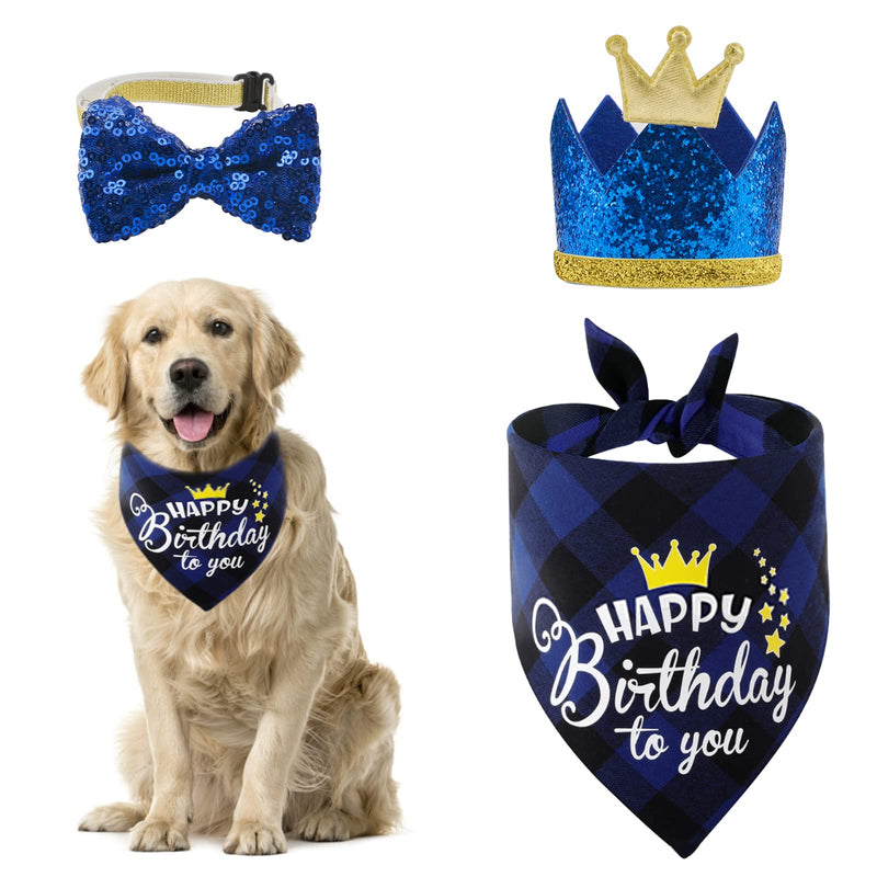 HACRAHO Dog Birthday Bandana Hat Bow Tie Set, 3 PCS Happy Birthday to You Dog Birthday Bandana Dog Triangle Bibs Scarf Bowtie Collar with Crown Dog Birthday Hat for Dog Birthday Party - PawsPlanet Australia