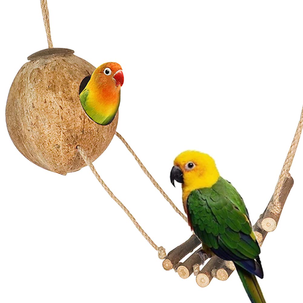 DTnewsun Natural Coconut Bird Cage with Ladder?Durable Cave Habitat with Hanging Loop?Toy Set for Parrot Chewing or Perching?They are suitable for small pets such as parrots and squirrels - PawsPlanet Australia