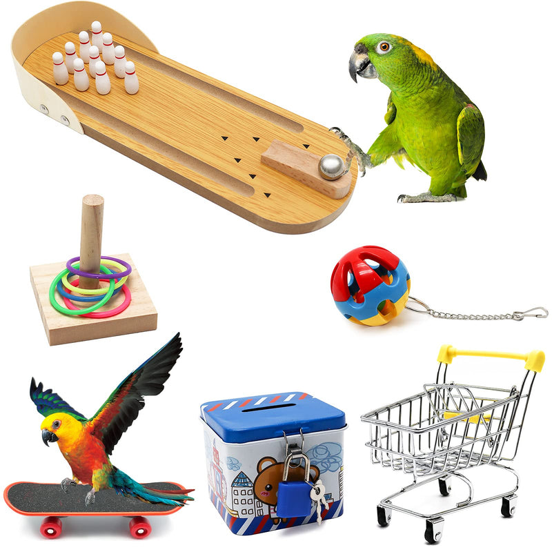 Ubaywey 6 PCS Bird Toys Parrot Chewing Toys include Parrot Playing Standing Training Toys Mini Golf Set Skateboard Piggy Bank Large Ball Shopping Cart for Parakeets Cockatiels Parrots Conures - PawsPlanet Australia