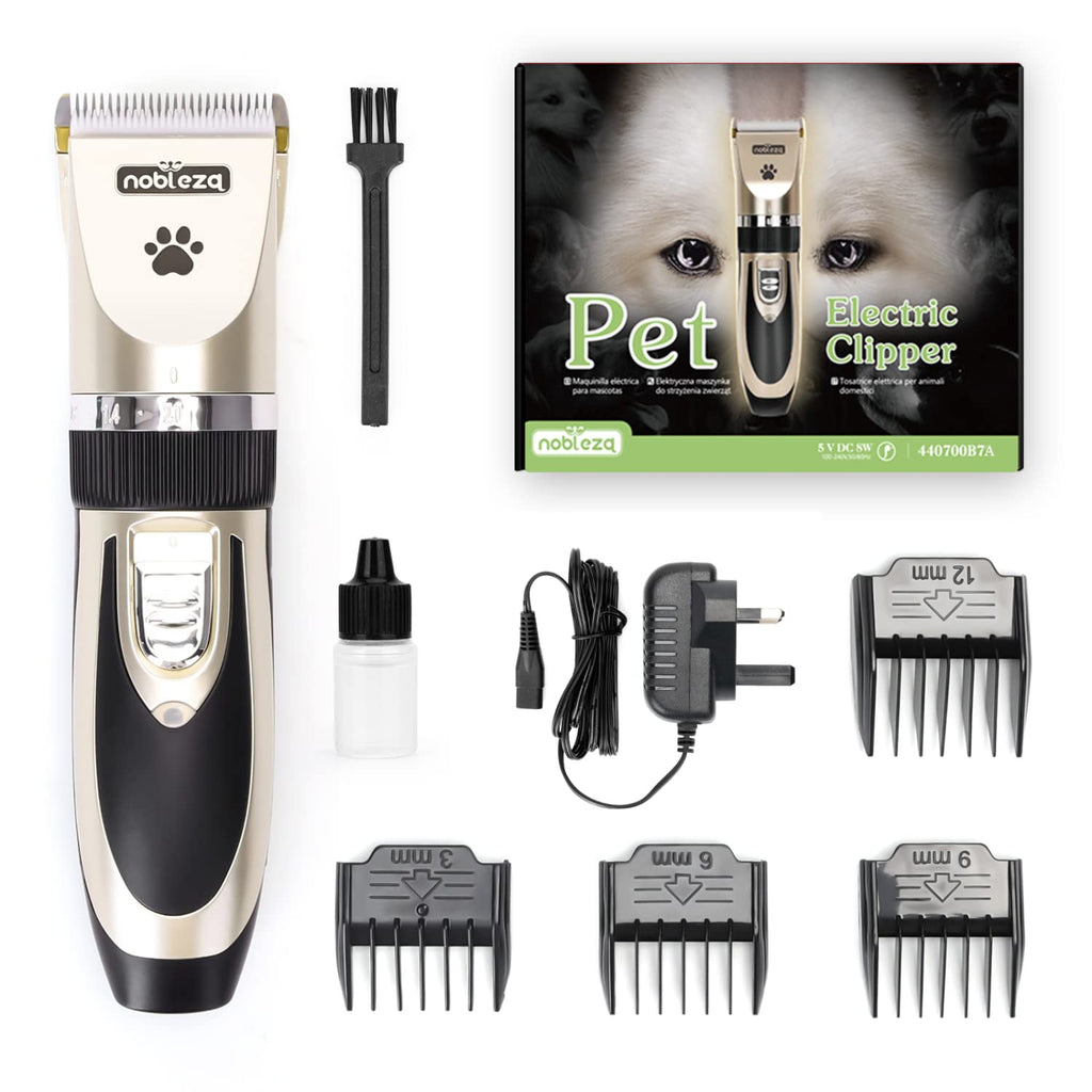 Nobleza Dog Clippers Cordless, Professional Pet Grooming Kit, Dog Trimmer, Low Noise Dog Hair Clipper with 4 Combs, Rechargeable Electric Cat Shaver Shears Tools for All Pets. - PawsPlanet Australia