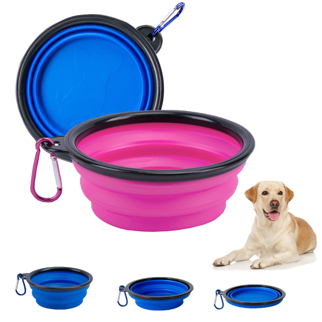 Collapsible Dog Bowl, 2 Pack Pet Food Water Bowl for Cats Dogs, Portable Feeding Dish with Carabiner for Pet Indoor and Outdoor Activity (Blue&Dark Pink) Blue&Dark Pink - PawsPlanet Australia