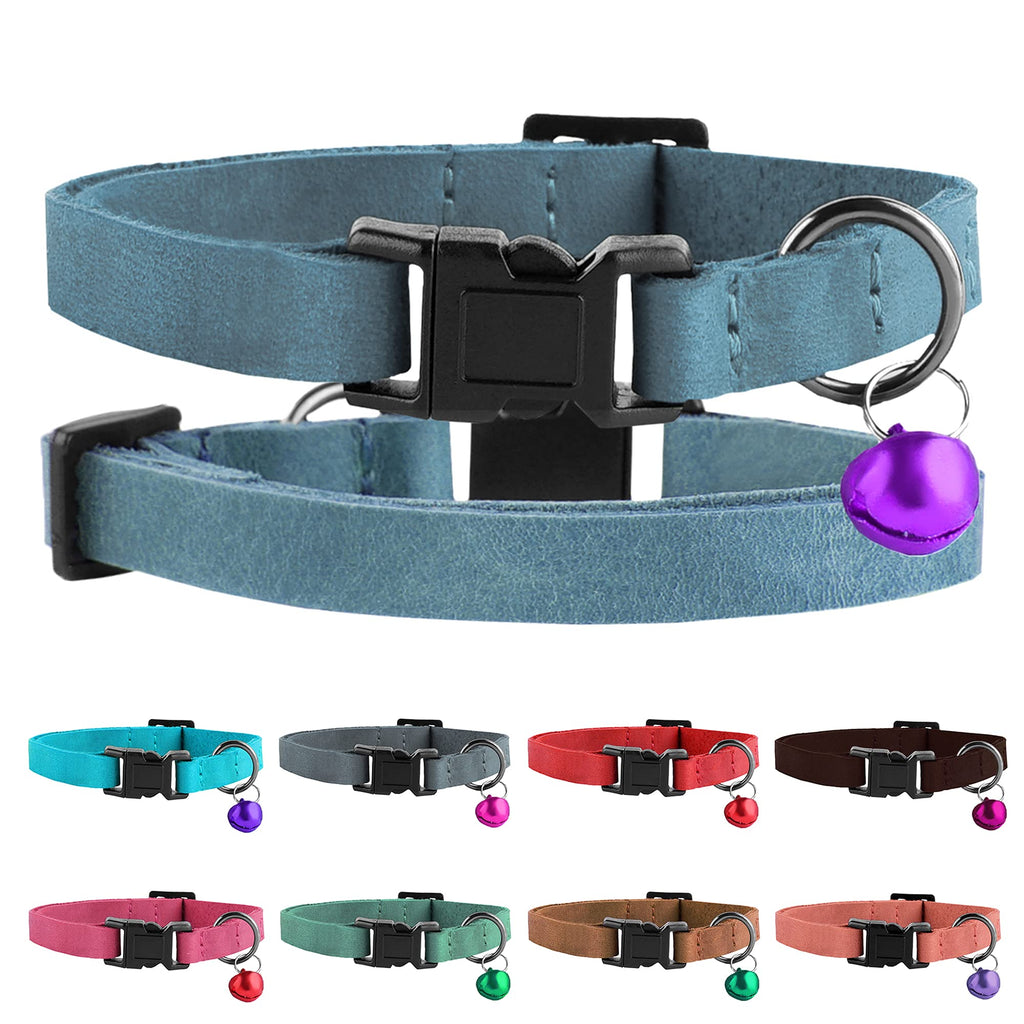 Murom Breakaway Cat Collar Leather Soft Adjustable Pet Kitten Collars with Bell Pink Brown Blue Green Red (Blue) - PawsPlanet Australia