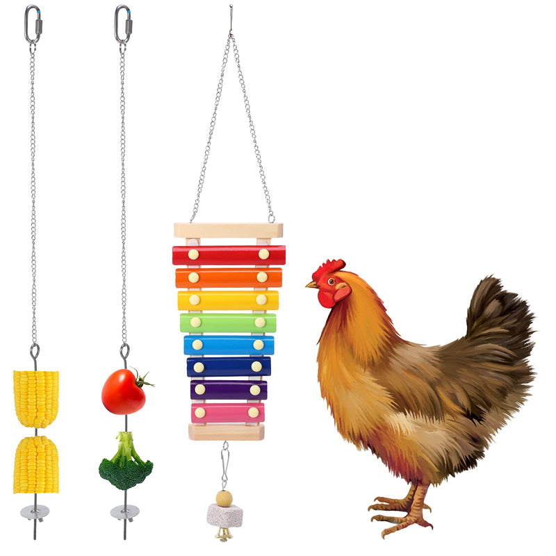 3Pcs Chicken Xylophone Toys with 8 Metal Keys,Suspensible Wood Toy for Hen,Chicken Veggies Skewer Fruit Holder with Grinding Stone - PawsPlanet Australia