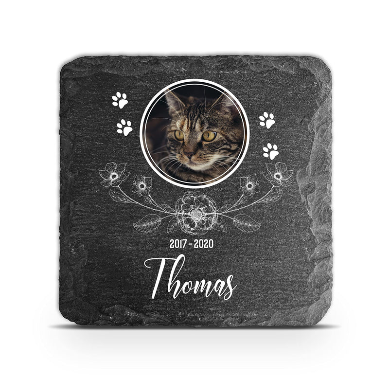 TULLUN Personalised Memorial Small Plaque For Pet Cat Dog Slate Stone Frame Paw Grave Marker - Size | 4" x 4" or 100 x 100 mm | - Floral - PawsPlanet Australia