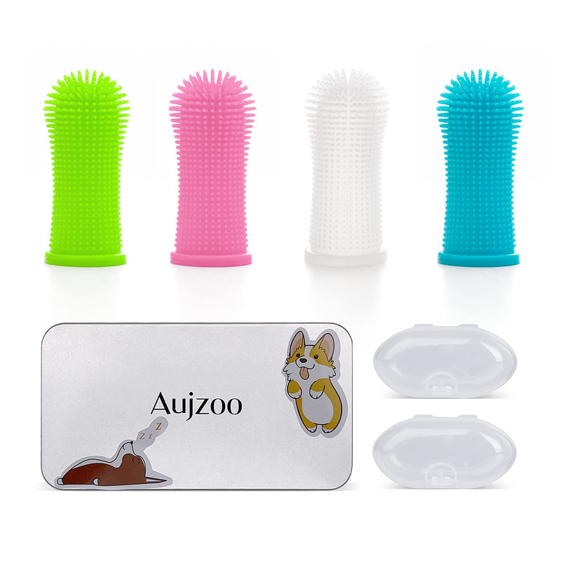 Aujzoo Dog Toothbrush Set (4 Packs), 360º Pets Teeth Cleaning Toothbrush for Dogs Cats Dental Care , Silicone Finger Teeth Brush 01-multicolor - PawsPlanet Australia