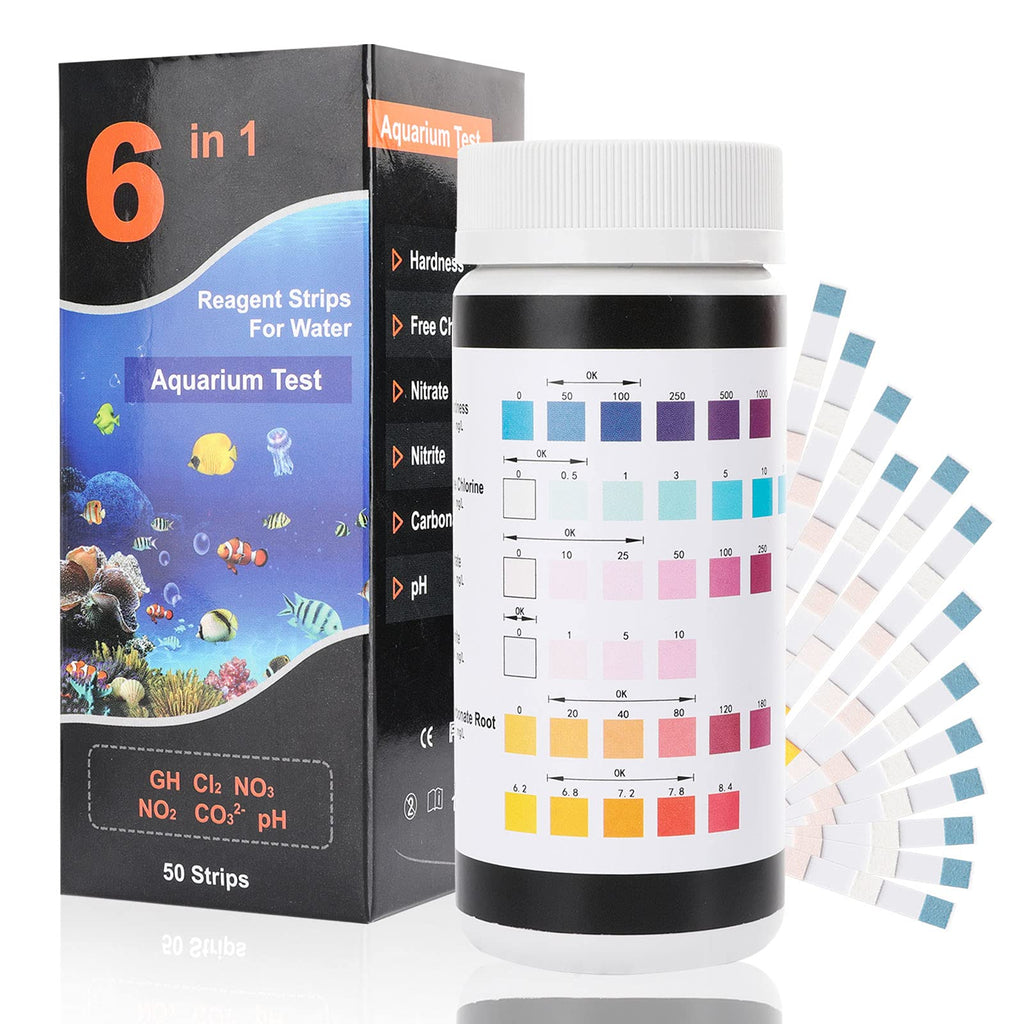 Lewondr Upgraded 6 in 1 Aquarium Test Strip, 50 Strips Test Hardness Free Chlorine Nitrate Nitrite Carbonate PH, Fish Tank Freshwater Saltwater Pond Test Kit Water Quality Fast Testing Strips - PawsPlanet Australia