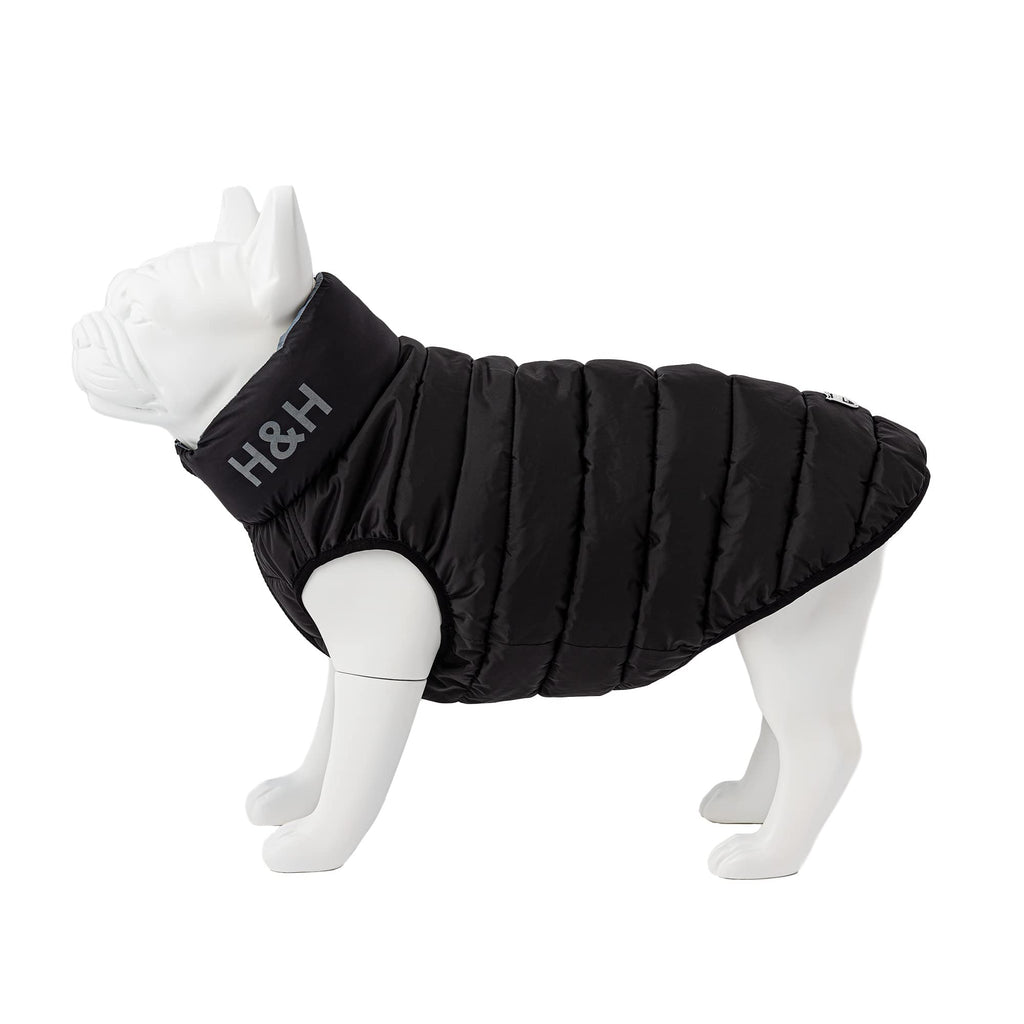 HUGO & HUDSON Dog Puffer Jacket - Clothing & Accessories for Dogs Reversible Water Resistant Dog Coat with Collar Attachment Hole - Black & Grey, XS25 - PawsPlanet Australia