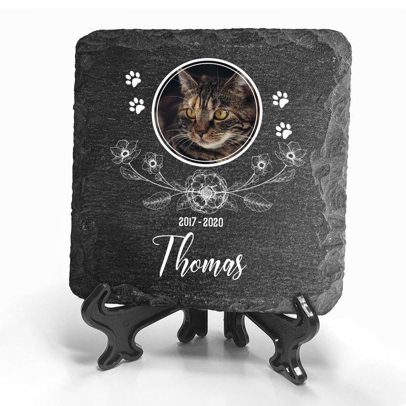 TULLUN Personalised Individual Memorial Small Plaque + Stand For Pet Cat Dog Slate Stone Frame Paw Grave Marker - Size | 4" x 4" or 100 x 100 mm | - Floral - PawsPlanet Australia