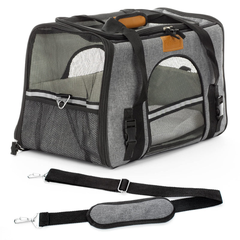 Petlicity Pet Carrier Linen Effect Folding Bag With Top And Side Opening, Removable Mat, Pet Dog Cat Puppy Transport, Breathable Mesh, Polar Fleece, Faux Leather with shoulder Strap (M (up to 17lb)) M (up to 17lb) - PawsPlanet Australia