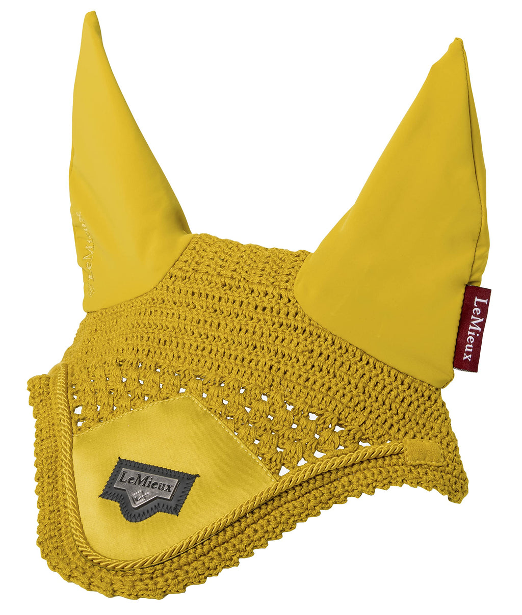 LeMieux Loire Crochet Fly Hood with Comfortable Lycra Ears in Dijon - Luxurious Satin Fabric Front Piece - Medium M - PawsPlanet Australia