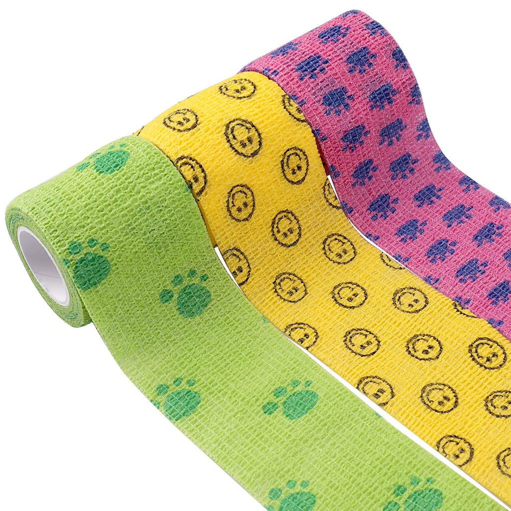 3 PCS Pet Vet Wrap, Self-Adhesive Pet Elastic Bandage Injury Wrap Tape with Dog Paw Pattern for Wrist, Ankle Sprains Swelling - PawsPlanet Australia