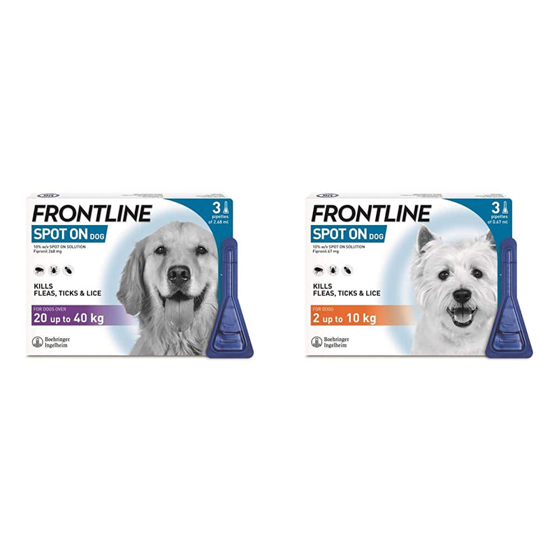 FRONTLINE Spot On Flea & Tick Treatment for Large Dogs (20-40 kg) - 3 Pipettes & Spot On Flea & Tick Treatment for Small Dogs (2-10 kg) - 3 Pipettes - PawsPlanet Australia