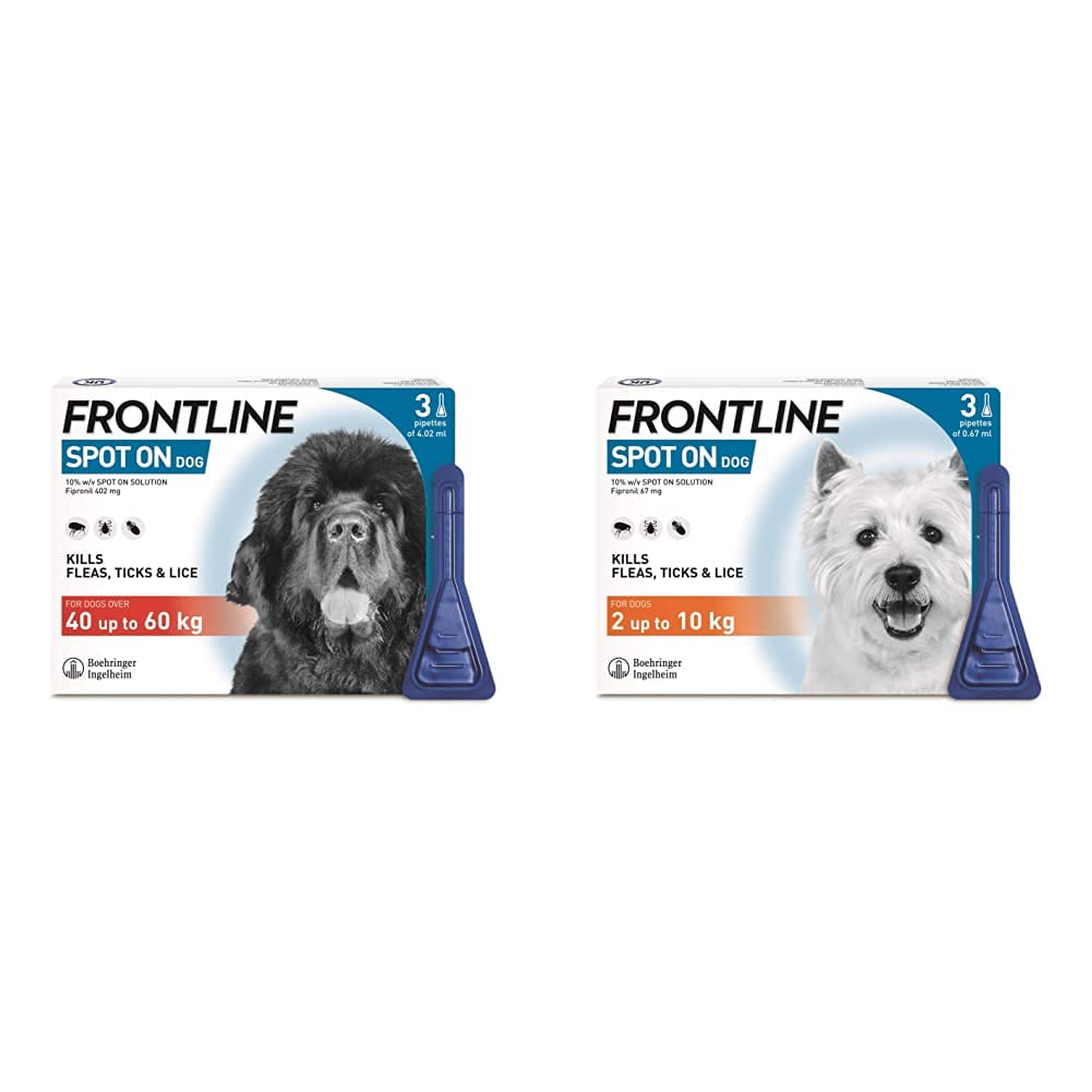 FRONTLINE Spot On Flea & Tick Treatment for Extra Large Dogs (40-60 kg) - 3 Pipettes & Spot On Flea & Tick Treatment for Small Dogs (2-10 kg) - 3 Pipettes - PawsPlanet Australia