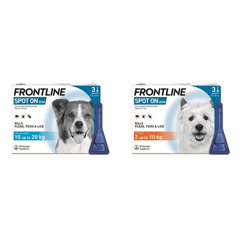 FRONTLINE Spot On Flea & Tick Treatment for Medium Dogs (10-20 kg) - 3 Pipettes & Spot On Flea & Tick Treatment for Small Dogs (2-10 kg) - 3 Pipettes - PawsPlanet Australia