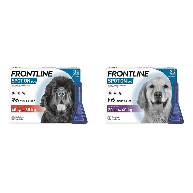 FRONTLINE Spot On Flea & Tick Treatment for Extra Large Dogs (40-60 kg) - 3 Pipettes & Spot On Flea & Tick Treatment for Large Dogs (20-40 kg) - 3 Pipettes - PawsPlanet Australia