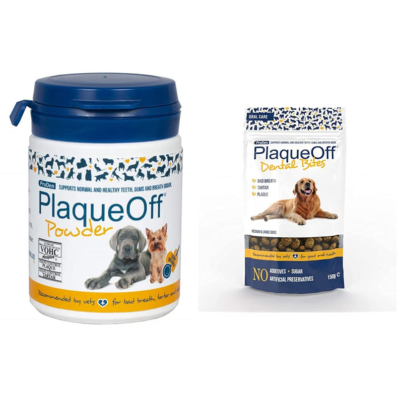 ProDen PlaqueOff Powder 60 g for Small Dogs and Cats, Bad Breath, Plaque, Tartar & Dental Bites 150 g, for Dogs Over 10 kg, Bad Breath, Plaque, Tartar 60 g (Pack of 1) + Dental Bites 150 g, for Dogs Over 10 kg - PawsPlanet Australia