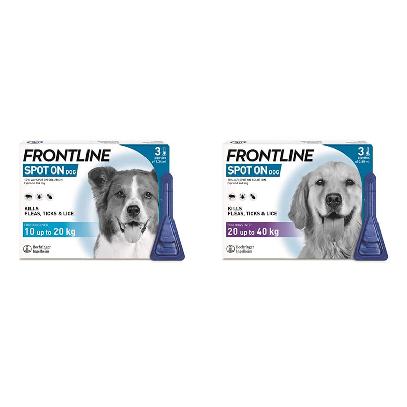 FRONTLINE Spot On Flea & Tick Treatment for Medium Dogs (10-20 kg) - 3 Pipettes & Spot On Flea & Tick Treatment for Large Dogs (20-40 kg) - 3 Pipettes - PawsPlanet Australia