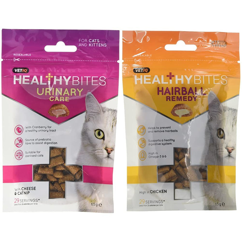 VetIQ Healthy Bites Urinary Care For Cats & Kittens 65g - Pack of 8 & Healthy Bites Hairball Remedy For Cats and Kittens 65g - Pack of 8 - PawsPlanet Australia