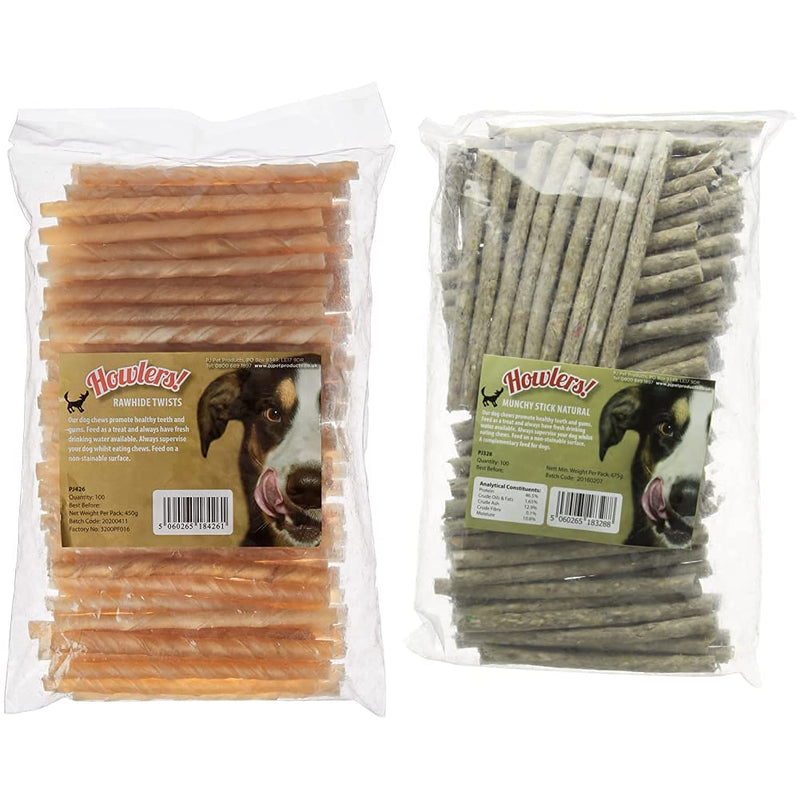 Howlers Natural Rawhide Twists, 13 cm, Pack of 100 & Natural Munchy Sticks, 12.5 cm, Pack of 100 + Natural Munchy Sticks, 12.5 cm, Pack of 100 - PawsPlanet Australia