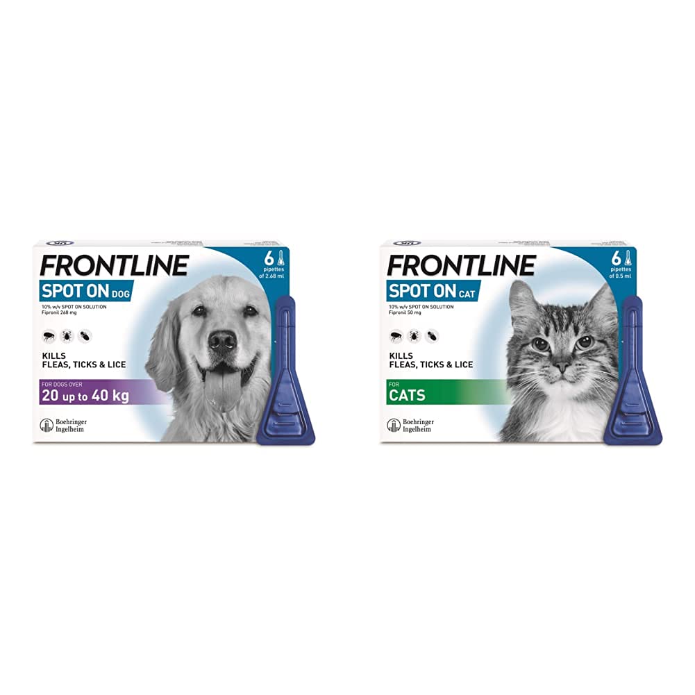 FRONTLINE Spot On Flea & Tick Treatment for Large Dogs (20-40 kg) - 6 Pipettes & Spot On Flea & Tick Treatment for Cats - 6 Pipettes - PawsPlanet Australia