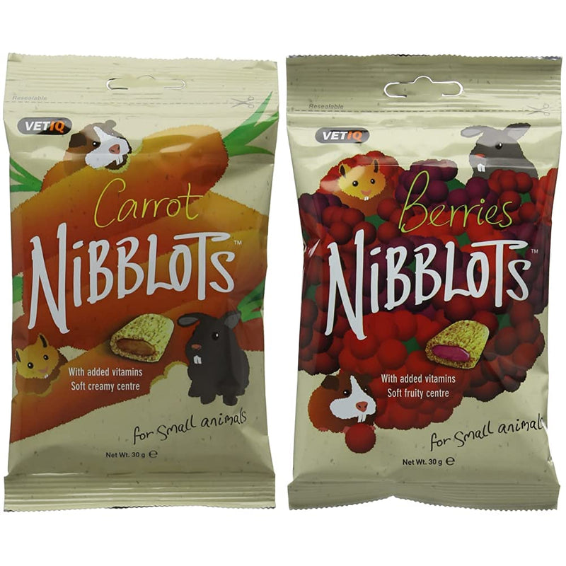VetIQ Nibblot Carrot Treats 30g for Rabbits, Guinea Pigs And Other Small Animals - Pack of 8 & VetIQ Nibblot Berry Treats 30g for Rabbits, Guinea Pigs And Other Small Animals - Pack of 8 + VetIQ Nibblot Berry Treats 30g - Pack of 8 - PawsPlanet Australia