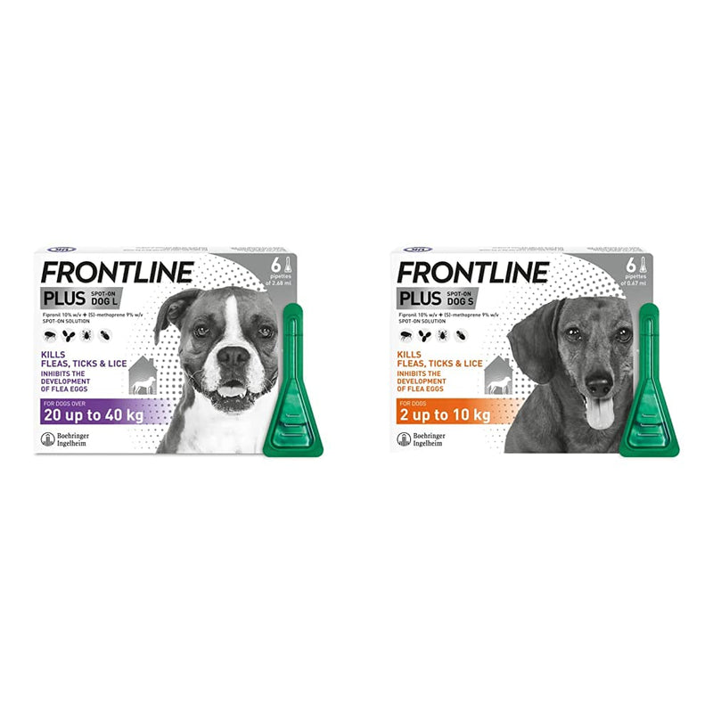FRONTLINE Plus Flea & Tick Treatment for Large Dogs (20-40 kg) - 6 Pipettes & Plus Flea & Tick Treatment for Small Dogs (2-10 kg) - 6 Pipettes - PawsPlanet Australia