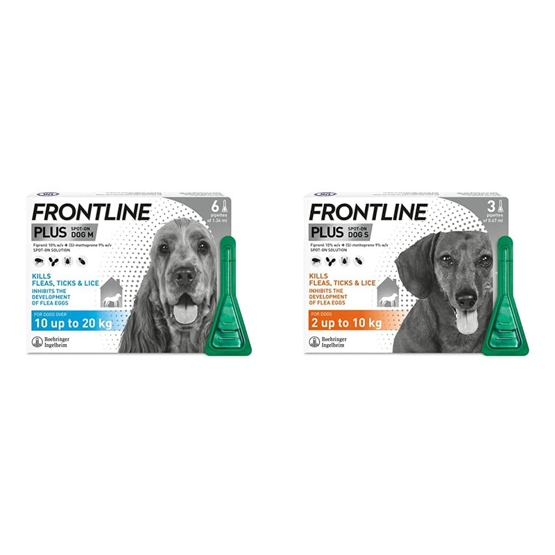 FRONTLINE Plus Flea & Tick Treatment for Medium Dogs (10-20 kg) - 6 Pipettes & Plus Flea & Tick Treatment for Small Dogs (2-10 kg) - 3 Pipettes - PawsPlanet Australia