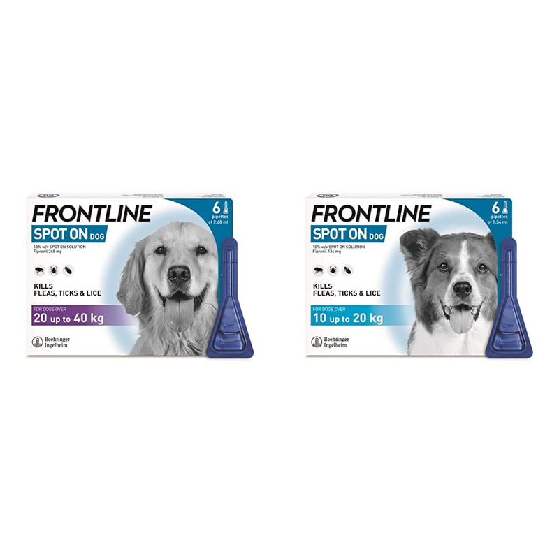 FRONTLINE Spot On Flea & Tick Treatment for Large Dogs (20-40 kg) - 6 Pipettes & Spot On Flea & Tick Treatment for Medium Dogs, Pack of 6 - PawsPlanet Australia