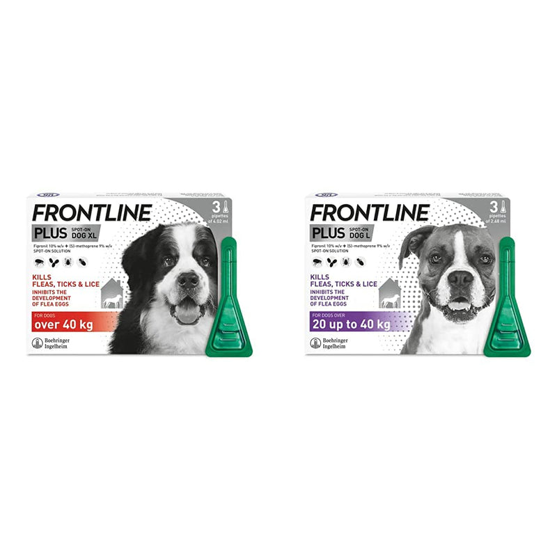 FRONTLINE Plus Flea & Tick Treatment for Extra Large Dogs (over 40 kg) - 3 Pipettes & Plus Flea & Tick Treatment for Large Dogs (20-40 kg) - 3 Pipettes - PawsPlanet Australia