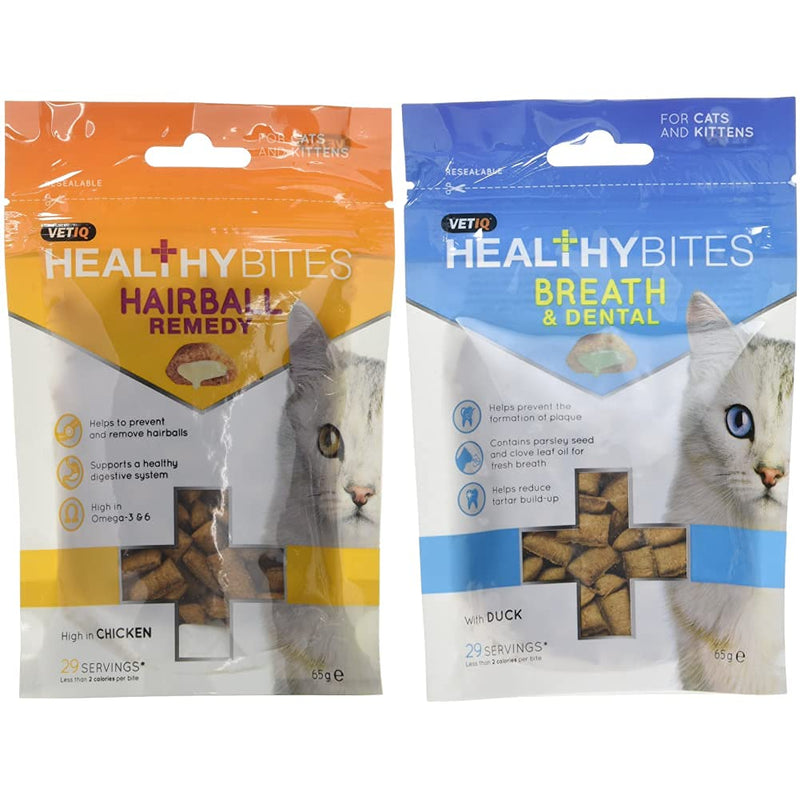 VetIQ Healthy Bites Hairball Remedy For Cats and Kittens 65g - Pack of 8 & Healthy Bites Breath & Dental For Cats & Kittens, 65g - Pack of 8 + Breath & Dental For Cats - Pack of 8 - PawsPlanet Australia