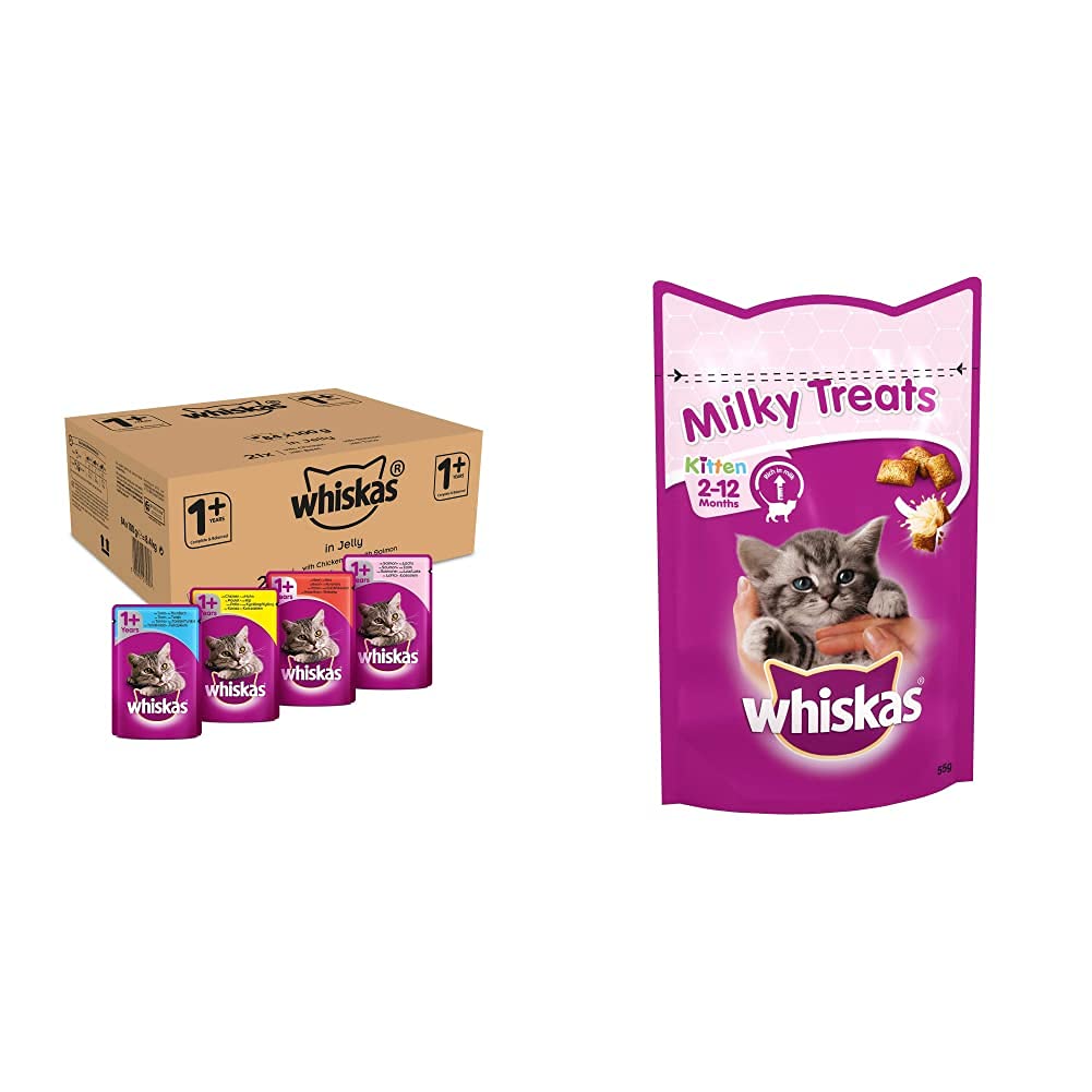 Whiskas 1+ Cat Pouches Mixed Selection In Jelly 84x 100g & Kitten Milky Treats - Milky Treats for Kittens from 2 to 12 Months, Small Bite Size Snacks with A Delicious Milky Filling, 8 x 55g Packets + Kitten Milky Treats, 8 x 55g Packets Mix in Jelly - PawsPlanet Australia