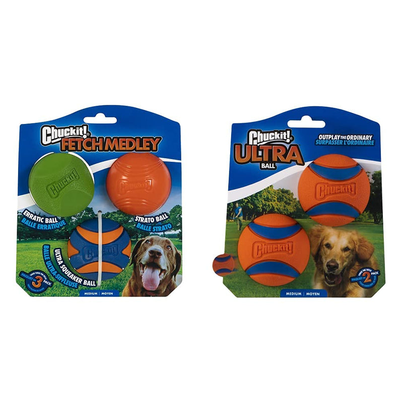 ChuckIt! Fetch Medley 2, Strato, Erratic, Ultra Squeaker, Durable High Bounce Rubber Dog Ball Toy, Medium, 3 Pack & Ultra Ball, Durable High Bounce Rubber Dog Ball, 2 Pack, Medium Medium, 2 Pack + Ultra Ball, 2 Pack, Medium - PawsPlanet Australia