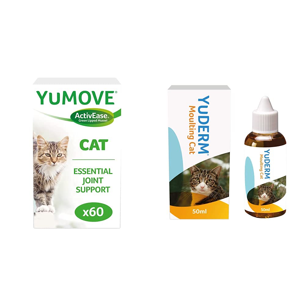 Lintbells | YuMOVE Cat | Hip and Joint Supplement for Stiff Cats | 60 Capsules & YuDERM Moulting Cat Formerly YuMEGA | Coat and Skin Supplement for Cats with Dry or Dull Coats | 50 ml Bottle - PawsPlanet Australia
