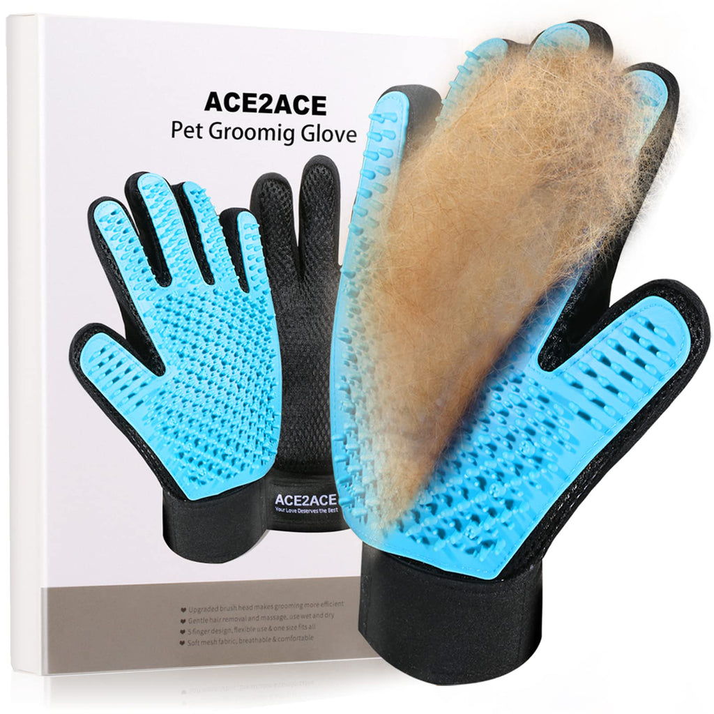 ACE2ACE Pet Grooming Gloves, 1 Pair Hair Remover Gloves for Dogs and Cats, Massage Deshedding Bathe Mitt with 4 Types Enhanced Tips - Perfect for Long & Short Fur- Upgrade Tiffany Blue - PawsPlanet Australia