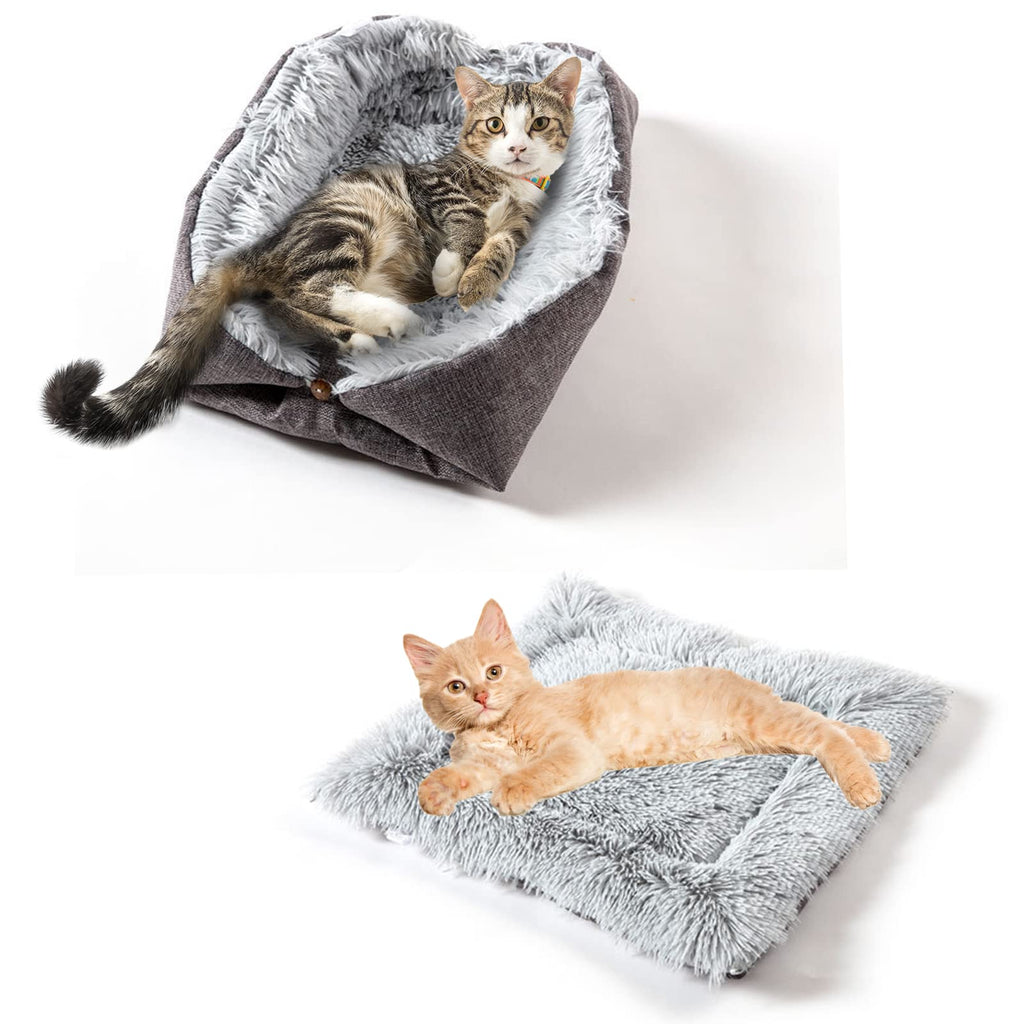 TUAKIMCE Cat Bed for Indoor Cats, 2 in 1 Plush Cat Blanket Cat Cushion Bed Kitten Bed Soft Warm Washable Foldable Sleeping Bag Mat Blanket for Kittens Puppy Cat Small Dog light gray - PawsPlanet Australia