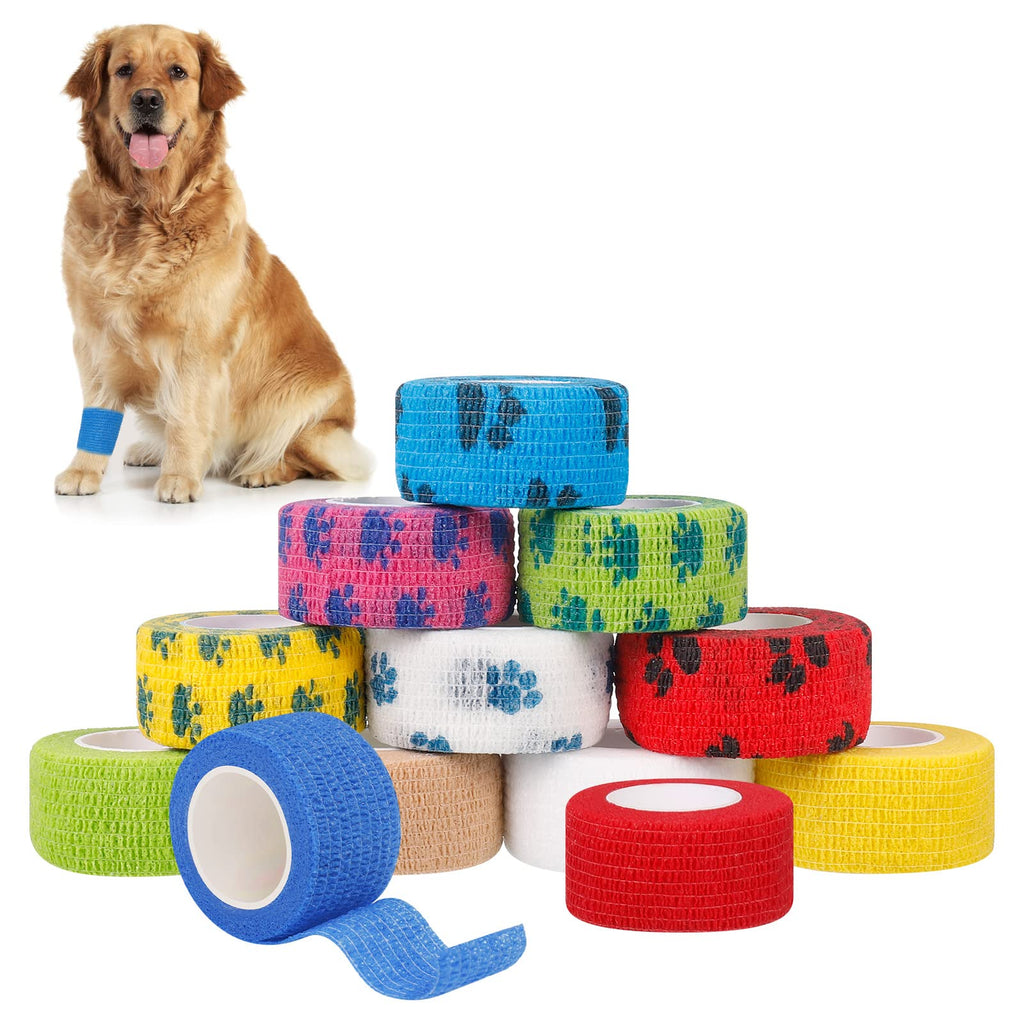 metagio 12 Rolls Pet Vet Wrap Self Adhesive Bandage, Pet Vet Wrap Cohesive Bandages Non-woven Elastic Sports Bandage with Dog Paw Pattern Water Repellent Breathable for Wrist Ankle Sprains Swelling 2.5cm x 4.5m Multi - PawsPlanet Australia