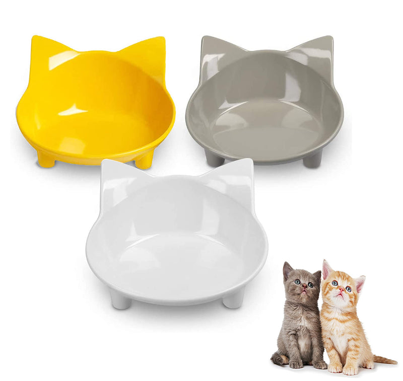 Cat Bowls, Anti-slip Multi-purpose Pet Feeding Bowl, Cat Food Bowl with Non Slip Rubber for Relief of Whisker Fatigue, Set of 3 - Grey, white and yellow - PawsPlanet Australia