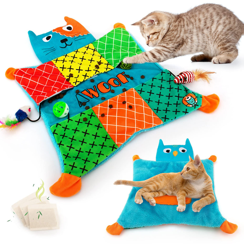 AWOOF Cat Mat, Cute Soft Catnip Mat, Cat Activity Mat Machine Washable Cat Blanket for Small Medium Large Cats with 7 Pockets, Crinkle Paper Self-Warming Kitty Carpet Interactive Catnip Toys - PawsPlanet Australia