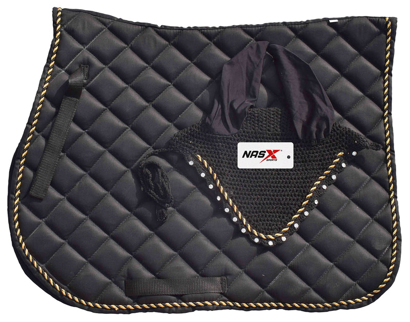 Saddle Pads with Matching Diamante Set Fly Veil Bonnet Ear bonnet Padded Numnah (COB, Black) COB - PawsPlanet Australia