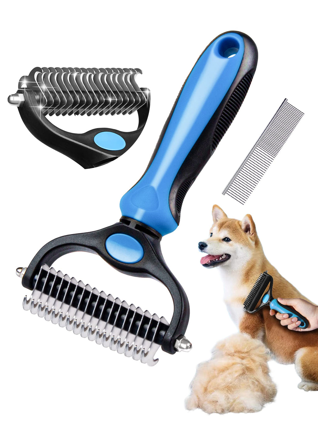 SUNNEKO Dog Brush for Massaging Skin and Grooming Medium to Long Hair, Double Sided Slicker Pet Brush for Shedding Dematting, Remove Floating Hair, with a Stainless Steel Comb, Blue Blue01-open knot (double-sided) - PawsPlanet Australia