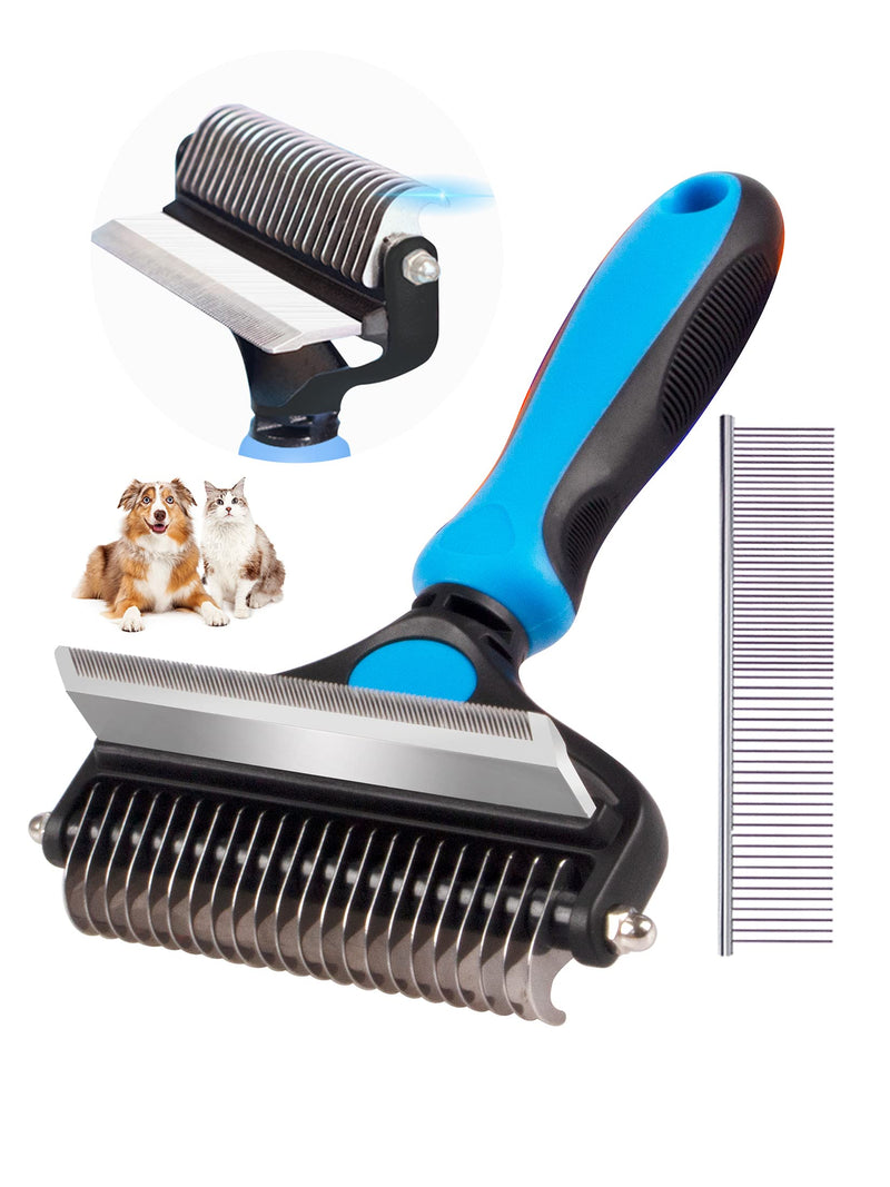 SUNNEKO Dog Cat Grooming Hair Brush, 2 In 1 Double Sided Dog Cat Shedding Brush for Short & Long Hair, Pet Safe Remover Dematting Comb with Rubber Handle for Cockapoo Labrador other dogs & cats, Blue L [Upgraded]-Blue-2in1 - PawsPlanet Australia