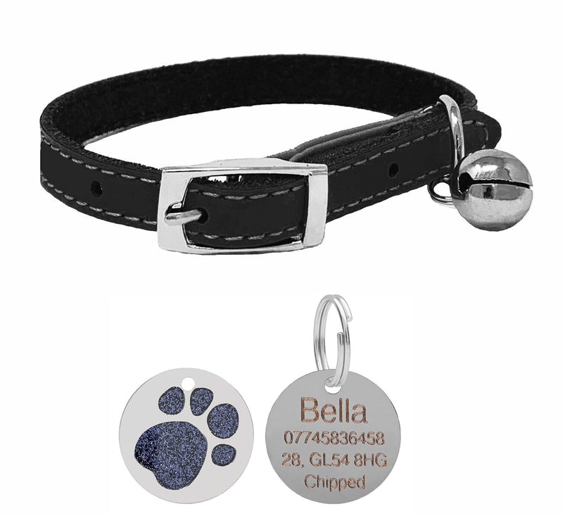 Genuine Leather Cat Collar with Safety Elastic & Bell with Personalised Engraved 25mm Glitter Paw Print Tag (Black) Black - PawsPlanet Australia