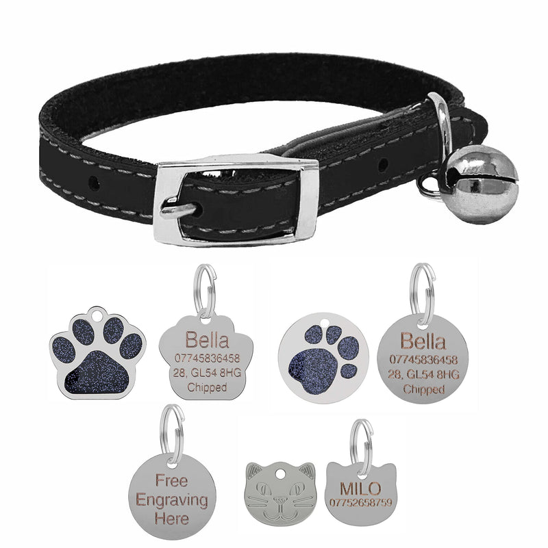 Genuine Leather Cat Collar with Safety Elastic & Bell with Optional Personalised Engraved Tag (Black, 22mm Cat Face Tag) Black - PawsPlanet Australia