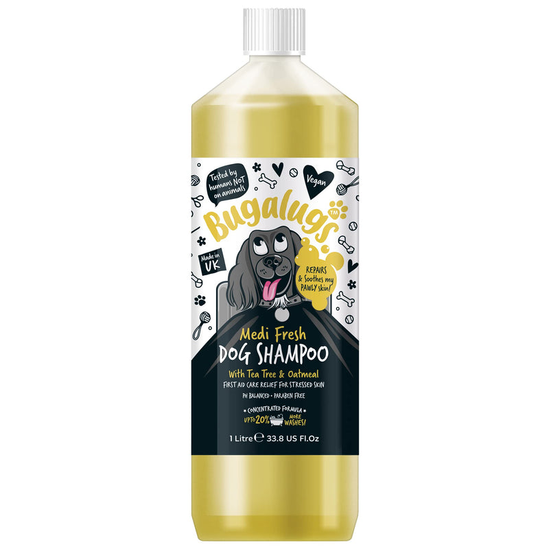 Dog Shampoo for Itchy Skin by Bugalugs Antibacterial And Antifungal Natural Medicated Safe Sensitive Formula - Fast Absorbing Skin Cooling First Aid relief For Cuts Grazes Skin Irritation (1 Litre) 1 Litre - PawsPlanet Australia
