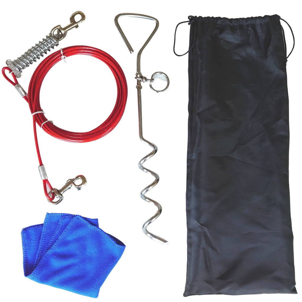 Heavy Duty Dog Tie Out Cable and Stake - Bundle: 5m Heavy Duty Tie Out Cable, Spiral Ground Stake, Cleaning Cloth, Storage Bag - PawsPlanet Australia