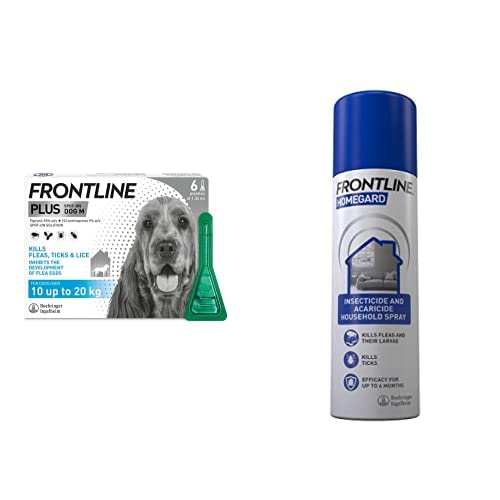 FRONTLINE Plus Flea & Tick Treatment for Medium Dogs (10-20 kg) - 6 Pipettes & HomeGard Flea & Tick Household Spray - 500 ml Plus + HomeGard Household Spray - PawsPlanet Australia